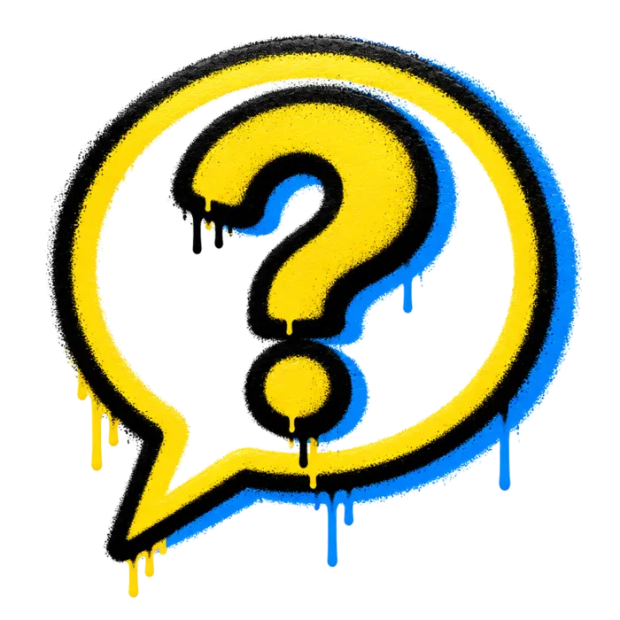Spray painted question mark in a speech bubble