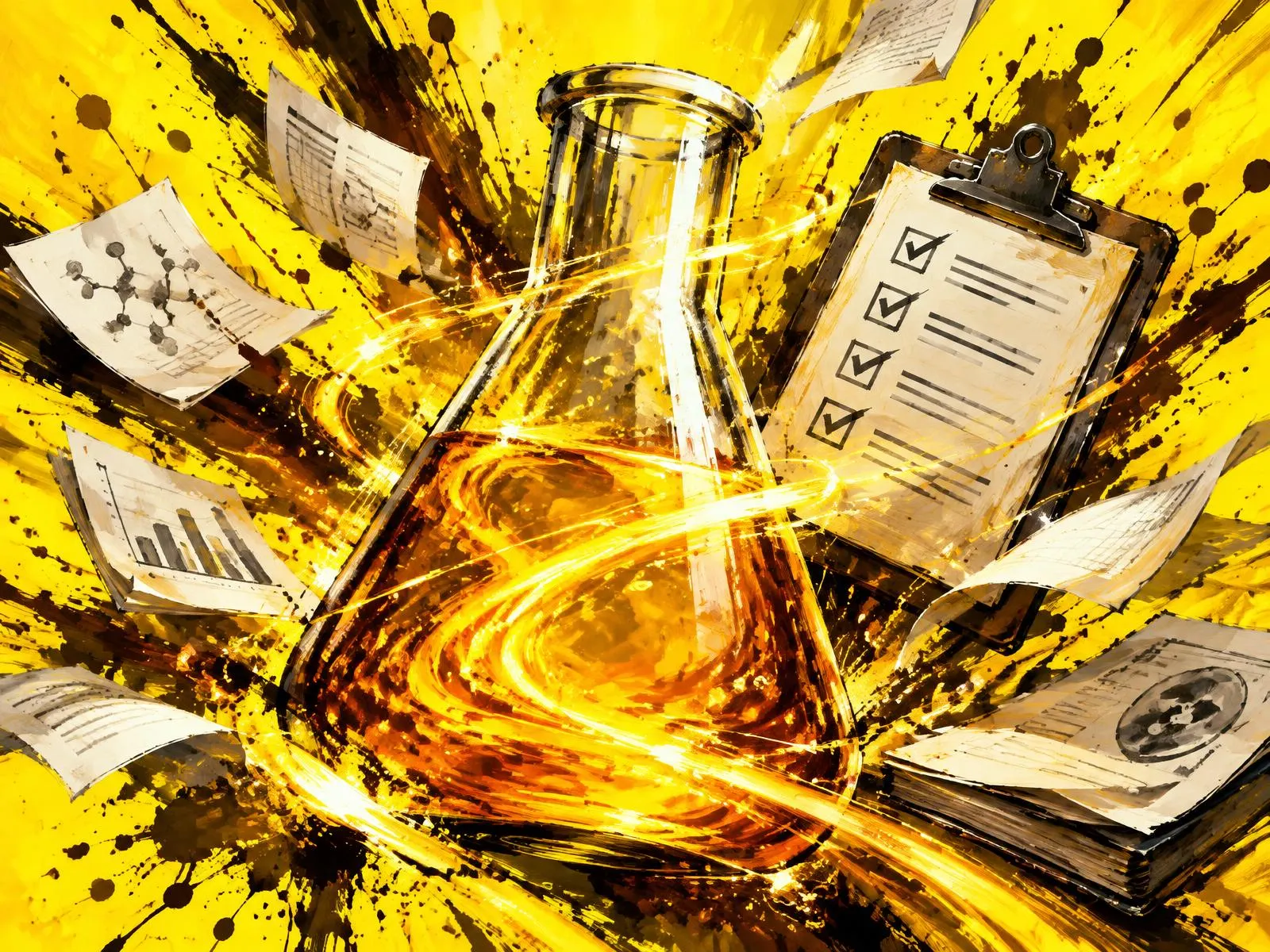 Painted flask and study documents bursting with light