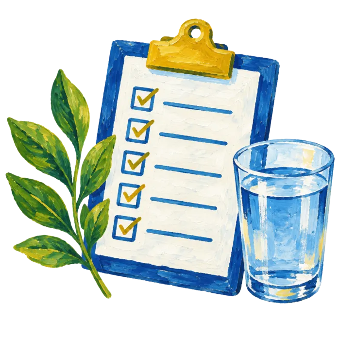 Painted clipboard checklist beside a leaf and a glass of water