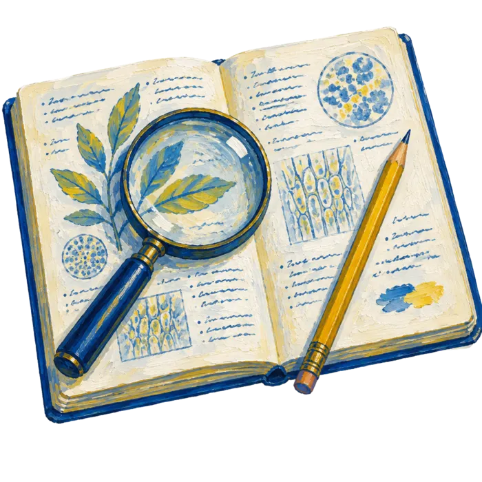 Painted notebook with a magnifying glass and pencil