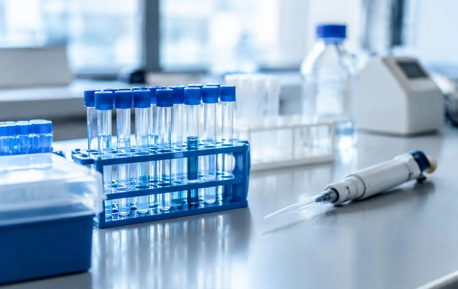Test tubes in a rack beside a pipette on a lab bench